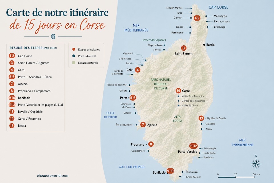 carte itinéraire 15 jours en Corse